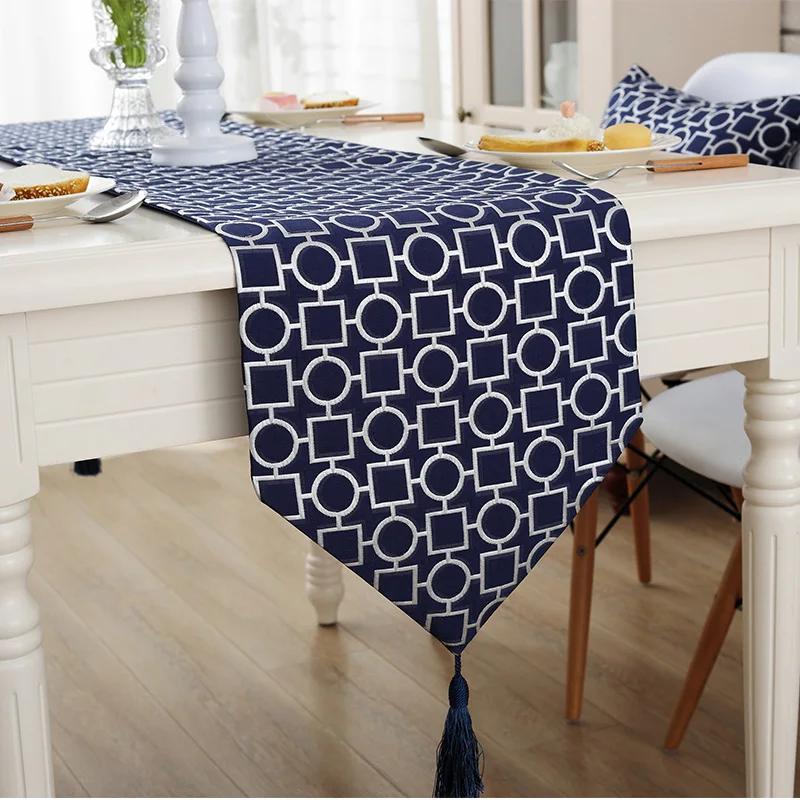 European Style Vintage Ivory Navy BlueTable Runner With Tassel Home
