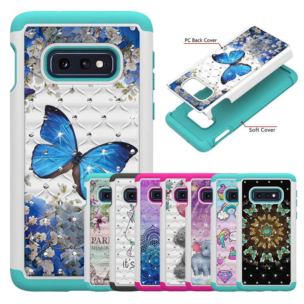 

painted skin PC silicon 2 in 1 cases luxury butterfly Tower Jewelled Anti-knock back cover For samsung S10 S10e S10 lite S10plus