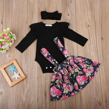 

3Pcs Baby Girls Long Sleeve Bodysuit + Strap skirt + Headwear Set