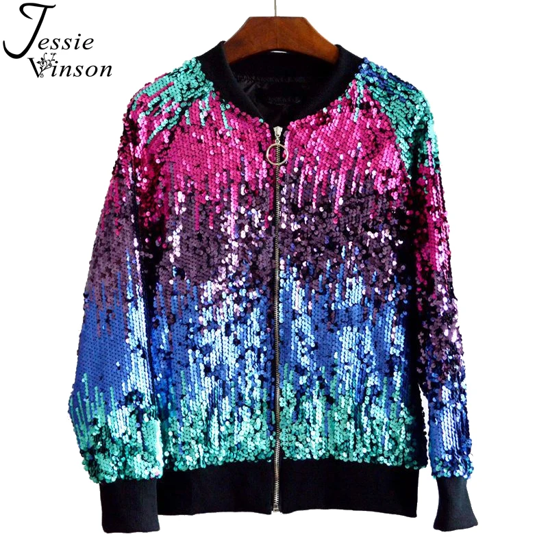 Goede Jessie Vinson Gradi euml;ntkleur Pailletten Zipper Jasje Casual Bomberjack Herfst Winter Toevallige Bovenkleding Basic Jas Vrouwen