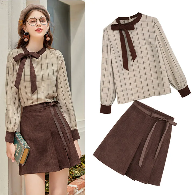 

Spring Autumn British Style Women Long Sleeve Plaid Grid Blouses Tops With Bows And Sashes Party Skirt Suits TwinSet NS198