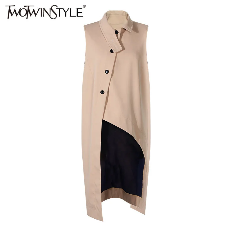 

TWOTWINSTYLE Irregular Waistcoat For Women Stand Collar Sleeveless Single Breasted Asymmetrical Vest Spring Fashion OL Clothing