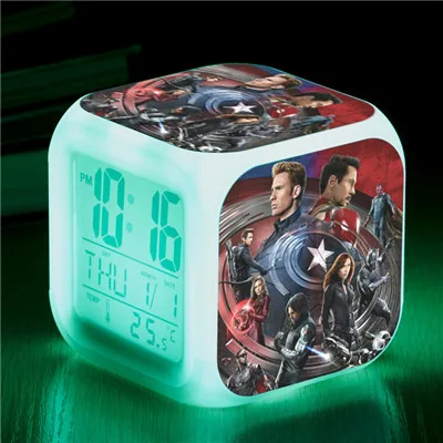 Marvel Мстители Человек-паук изменение цвета светодиодный Будильник фигурка Капитан Америка Железный человек цифровой Куб декор Освещение игрушки