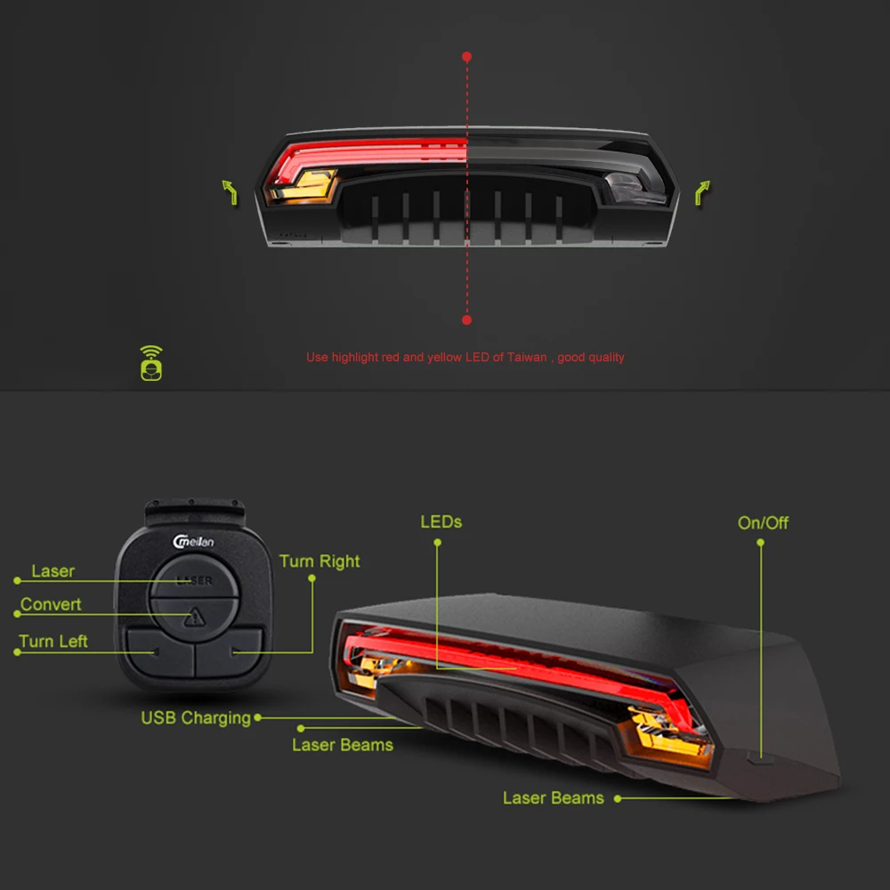 Clearance Meilan X5 Wireless Bike Bicycle Rear Light laser tail lamp Smart USB Rechargeable Cycling Accessories Remote Turn led 21