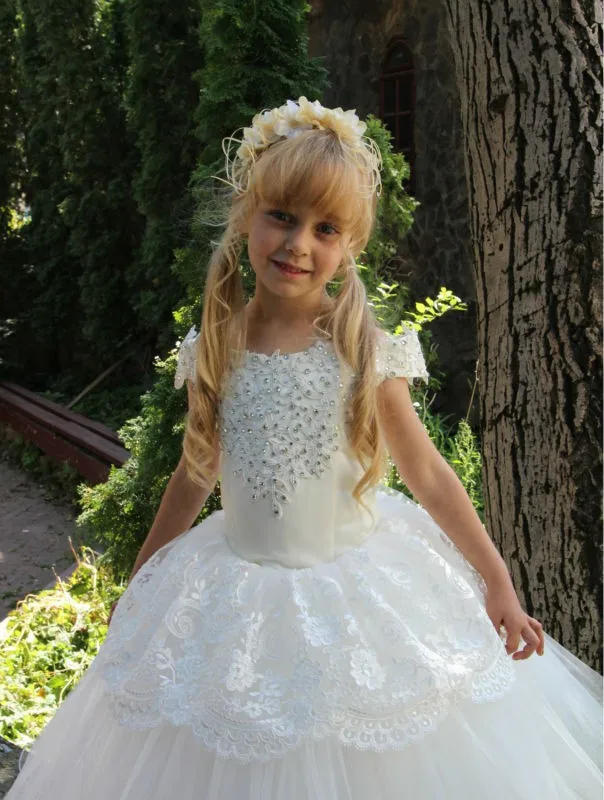 2016-New-White-Lace-Beads-Flower-Girl-Dress-for-Weddings-Ball-Gown-Cap-sleeve-Boat-neckline (2)