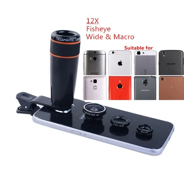 4в1 объектив камеры 12X телескоп пост для iPhone 5 5S 6 6s 7 Plus XS макс. увеличение размера объектив 3в1 макрообъектив для iPhone 7 Plus Xiaomi Redmi 7