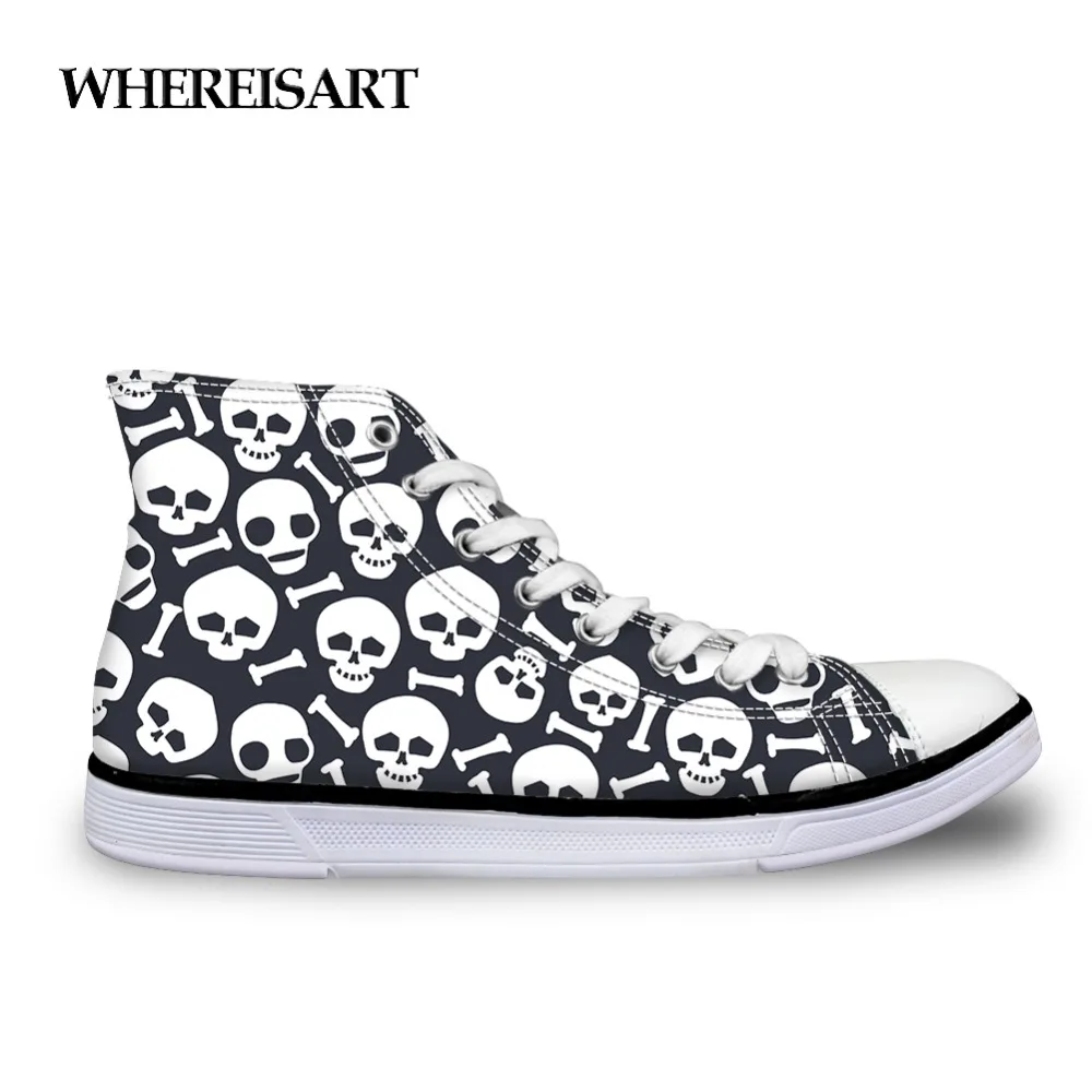 

WHEREISART 2019 Cool Skull Print Men Casual Shoes High Top Men Canvas Shoes Men Lace UP Flats Vulcanized Shoes for Teen Boys