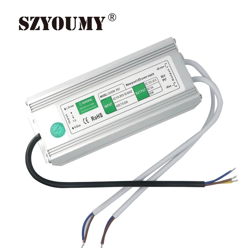 SZYOUMY FedEx/DHL ; набор из 10 шт./лот трансформаторы Водонепроницаемый IP67 светодиодный Питание 12 V 5A 60 W Светодиодный драйвер светодиодный полосы