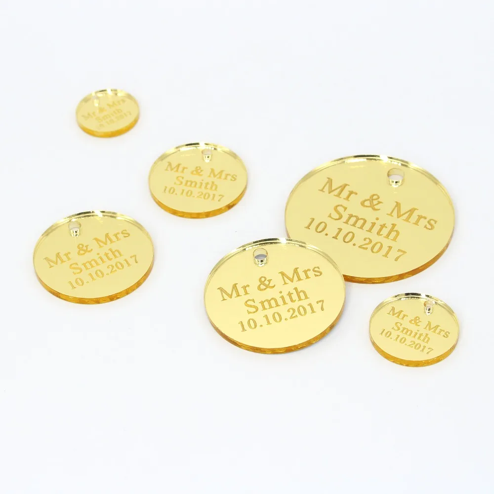 

60 Pcs Personalized Engraved Round Tag With Hole Custom Circular Label Ribbon Decor Rustic Wedding Tags Christening Party Favors