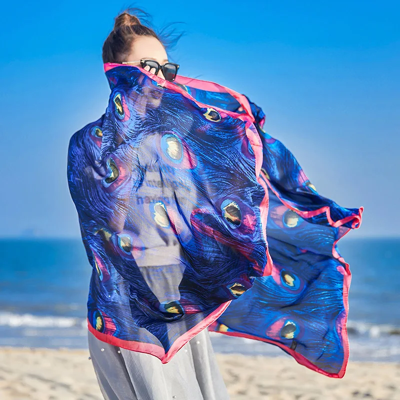 2018 New Fashion Summer Beach towel Scarf Peacock feather pattern Women
