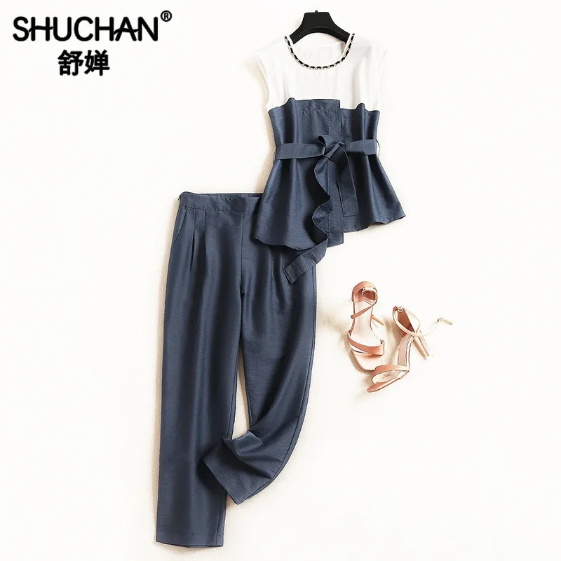 

Shuchan Suit Female Summer Office Two Piece Pants Set Women Top with Sleeveless+ Calf-Length Pants Suit 2019 Set 2 Pieces 51069