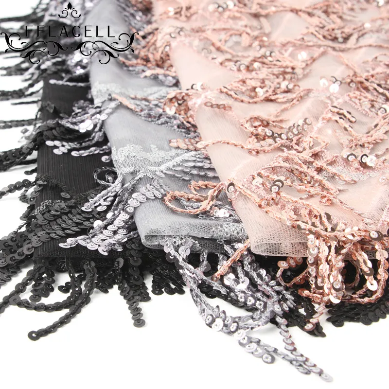 

FFLACELL 45*130cm good quality nice dobby nude champagne 3D fringe sequin embroidery net mesh lace fabric for evening dress