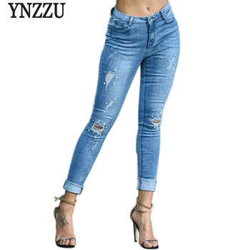 

YNZZU Pearls Fashion High Waist Jeans Women 2018 Casual Ripped Hole Skinny Pencil Pants Denim Trousers Women Plus Size YB248
