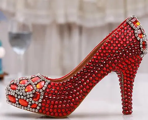 Красные туфли на очень высоком каблуке-шпильке со стразами обувь на платформе женская вечерняя обувь тонкие каблуки мелкий носок обувь для вечеринок большие размеры - Цвет: 10cm heel