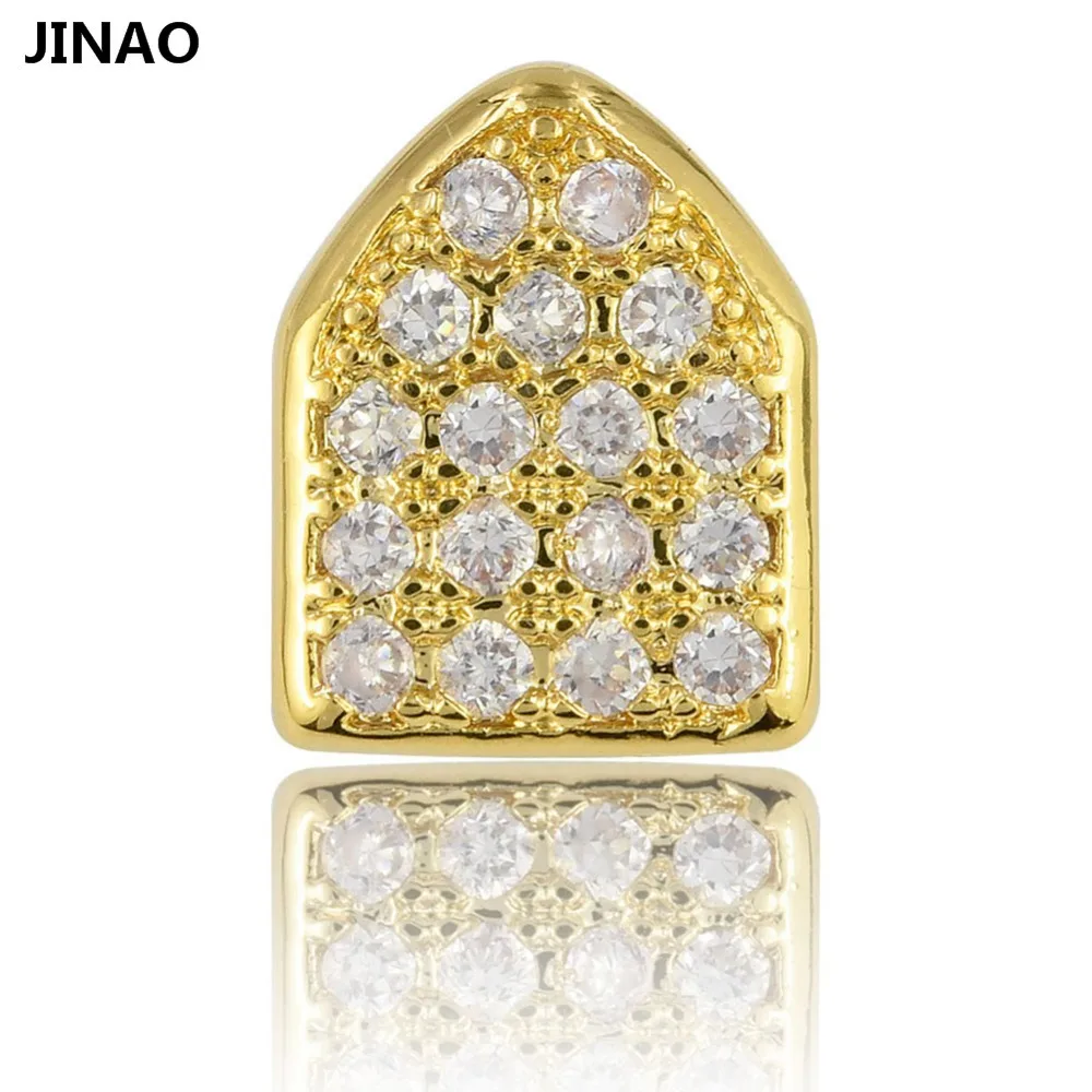 

JINAO Hip Hop Gold Color Plated Single Cap Grillz Micro Pave CZ Cubic Zirconia Golden Top Teeth Grills Bling Tooth Grill