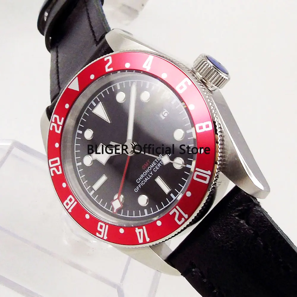 

Luxury High Quality Sapphire Crystal Black Dial 41mm Self Winding Men's Watch Auto Date Red Bezel White Marks Leather Strap