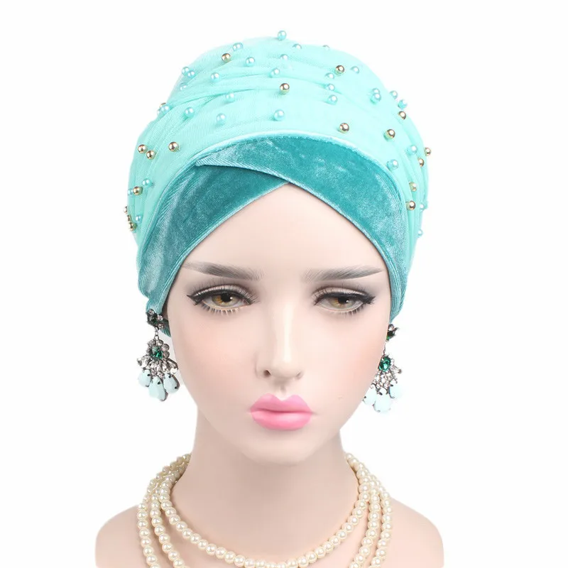 New Women Velvet Beading Scarf Hat Muslim Women Hijabs Turban Hats Indian Caps Wrap Cap long head scarf headscarf hats