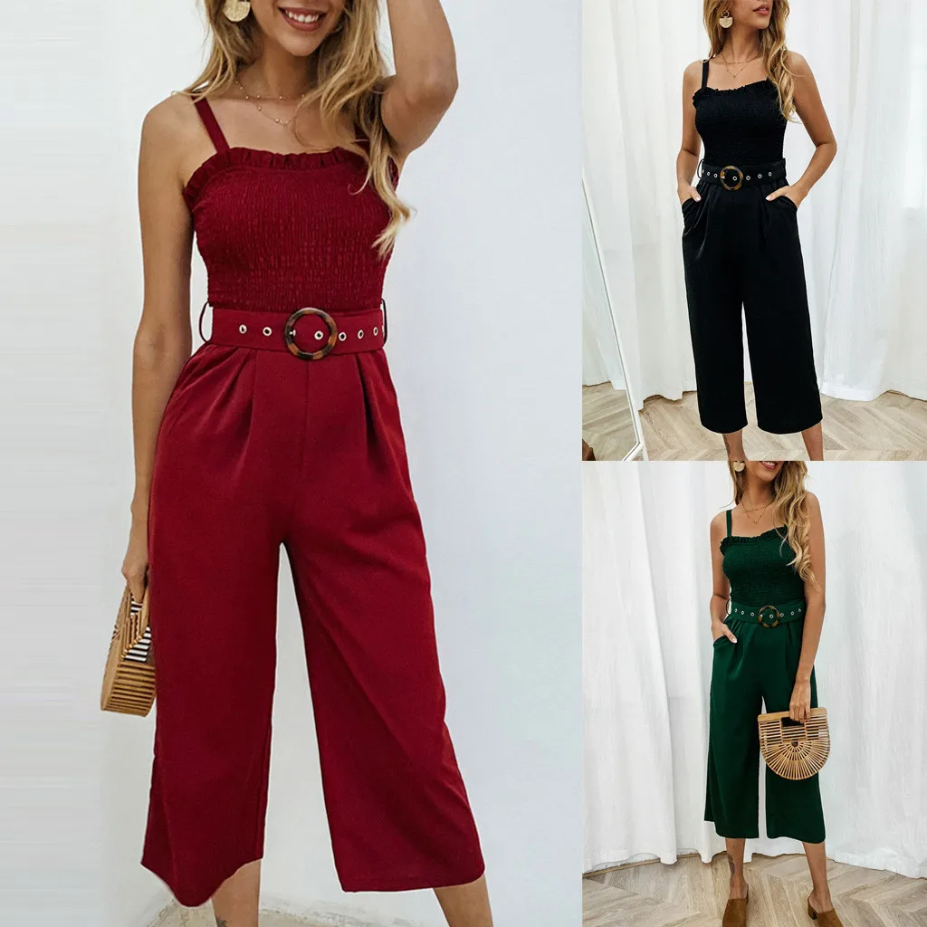

Women Summer Pockets O-Neck Sleeveless Rompers Jumpsuit Playsuit With Sashes Polyester high quality W502