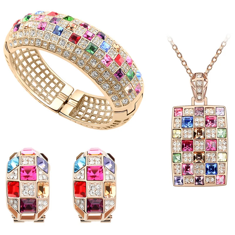 Famous Brand Women Jewelry Sets Multicolored Austrian Crystal Earrings Necklace Bangle Set