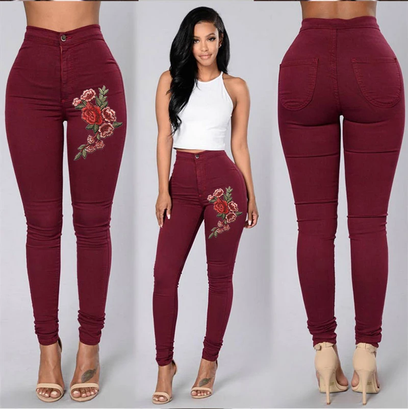 

Fashion Women High Waist Skinny Stretch Pencil Pant Embroidery Trousers Leggings