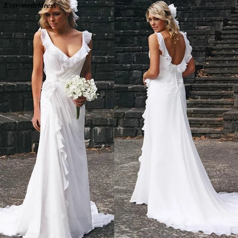 

Chiffon Beach Wedding Dresses 2019 Simple Bridal Gowns V-Neck Backless Sweep Train Plus Size Bride Dresses Vestido De Noiva