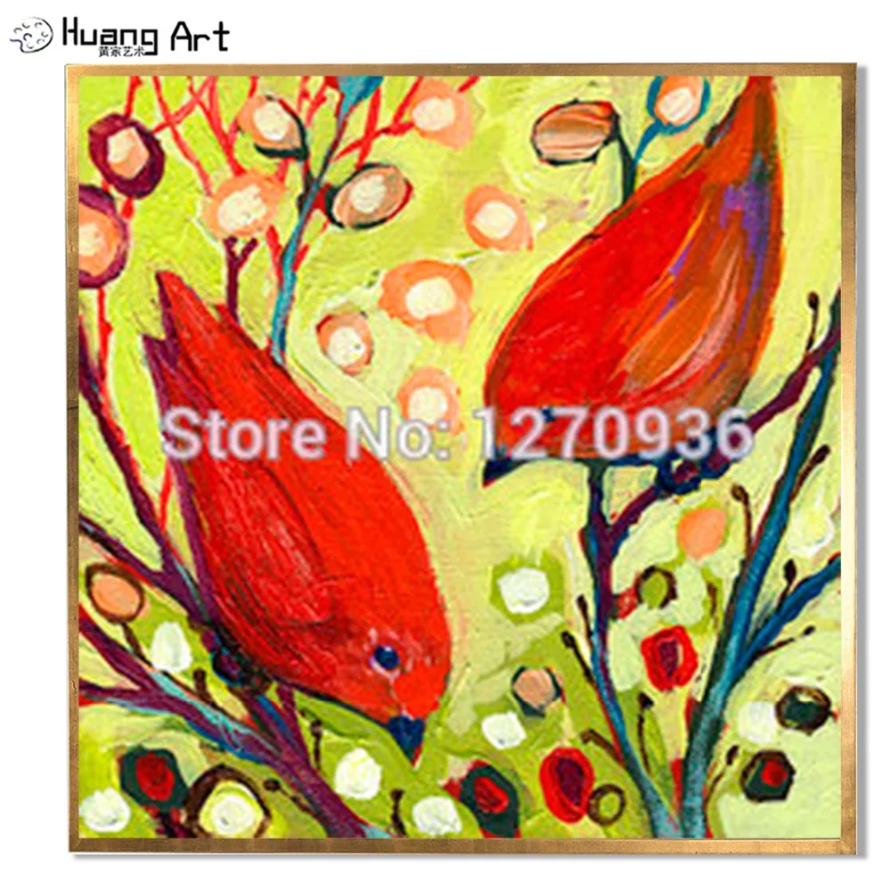 

Two bright red birds play in the branches landscape 100% handmade oil painting on canvas for living room decor hang painting