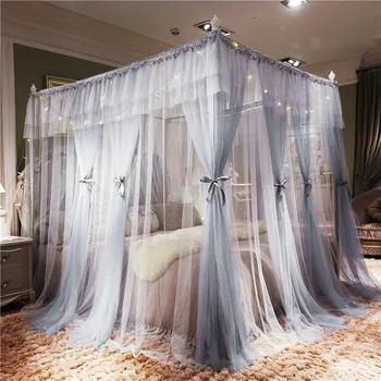 

Luxury Gray Blue White Double-deck Quadrate Floor-standing palace Mosquito Net Stainless Steel Frame Bedding Set Room Decoration