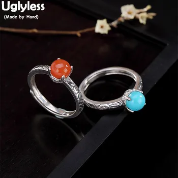 

Uglyless 100% Real 925 Sterling Silver Handmade Ethnic Patterns Open Rings for Women Agate Finger Ring Thai Silver Fine Jewelry