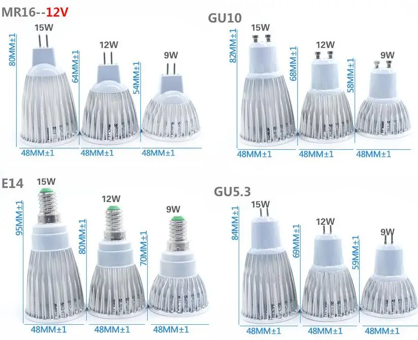 E27 E14 GU10 MR16 GU5.3 cob-светодиоды с регулируемой яркостью Spotlight светильник ампулы лампы Pure/холодный Whte/теплый белый 9 W 12 W 15 W