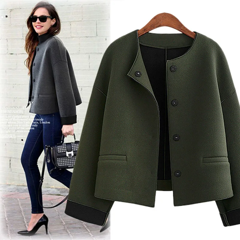 Женская шерстяная куртка manteau femme европейский и американский бренд, Короткие повседневные пальто, женская армейская зеленая куртка, шерстяные пальто LC0085