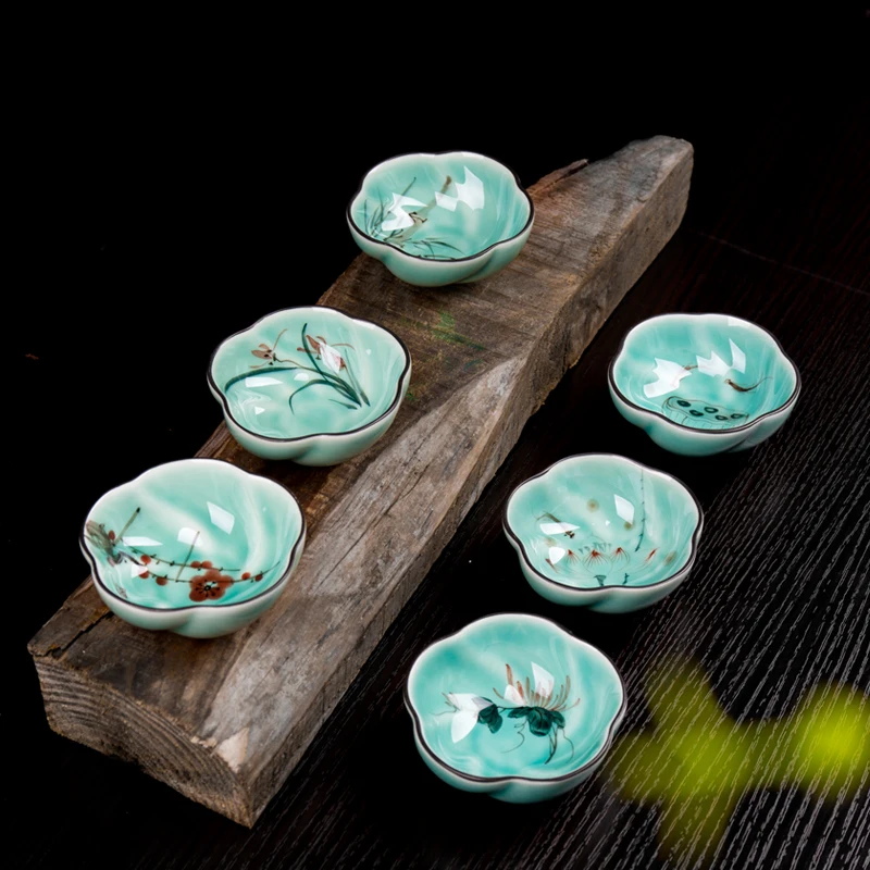

6Pcs Chinese Porcelain Celadon Flower Teacup Set Hand Painted Kung Fu Tea Cup Hats Cup Home Office Teaware Creative Plum Gaiwan