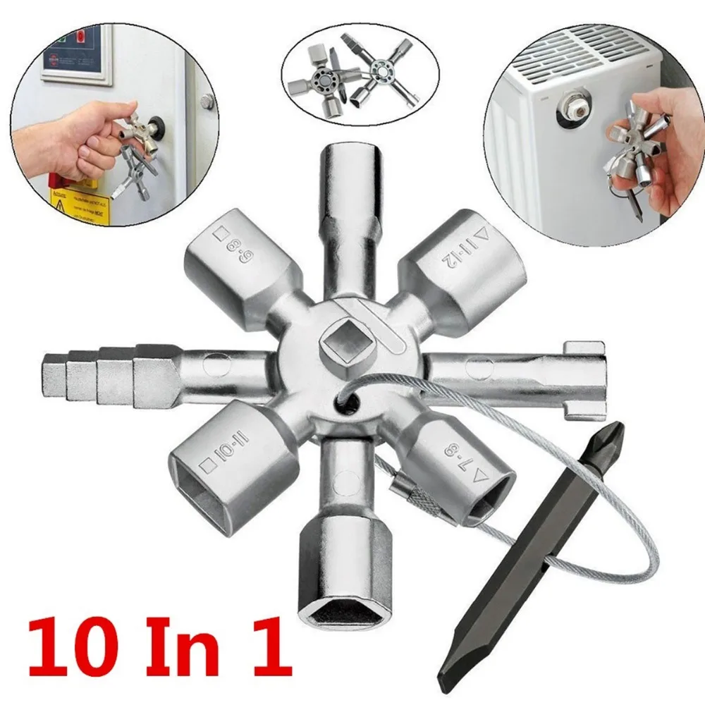 

10 in 1 Multi function Electrician Plumber Cross Switch Wrench Set Universal Square Triangle Key Spanner for Gas Bleed Radiator