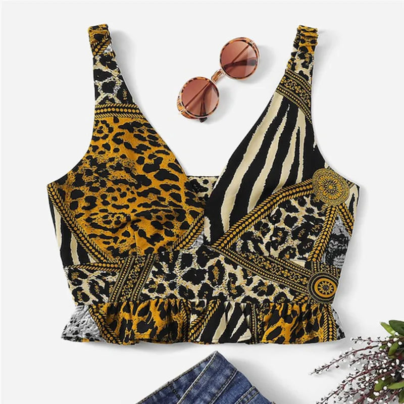 

Fashion Women Girl Deep V-Neck Frill Ruffled Hem Crop Top Summer Ladies Sexy Sleeveless Leopard Casual Short Vest Tank Tops #40
