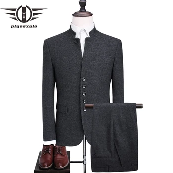 

Plyesxale Dark Grey Wool Suit Men 2018 Slim Fit Mandarin Collar Suit High Quality Mens Vintage Suits Wedding Casual Wear Q356