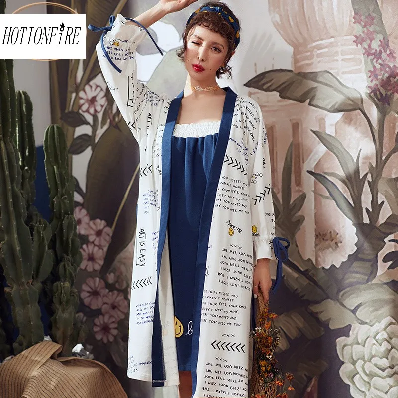 

Women Pjamas Dress Summer Autumn Spring Cotton Hotel Spa Sexy Thin Student Knee-Length Long Condole Belt 2 Pieces Sleepwear
