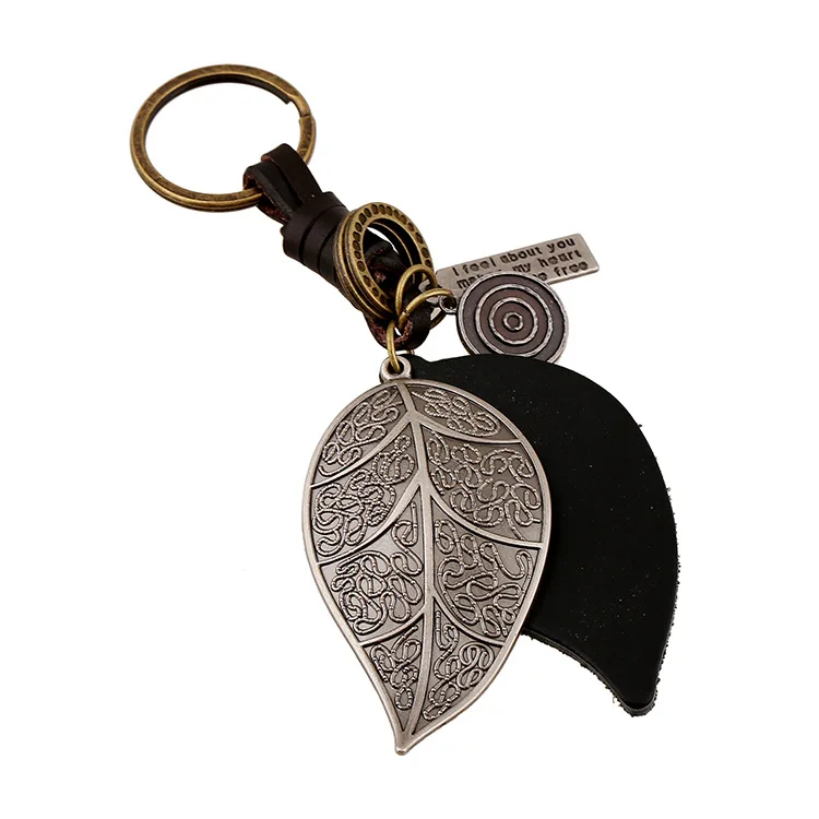 

Punk Art Genuine Leather Cut out men women keychain bag pendant Alloy leaves Car key chain ring holder Jewelry