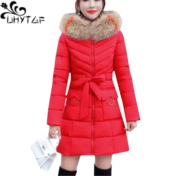 

UHYTGF Plus Size Parka Women Winter Jacket Coat Long Fur collar Hooded belt Slim Coat Thicken Down Jacket Warm Outerwear Lady 30