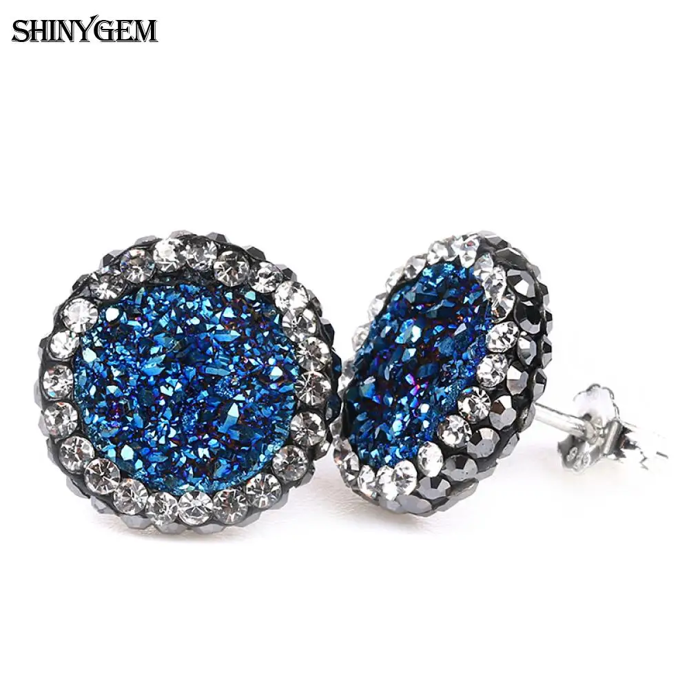 Серьги ShinyGem с кубическим цирконием друзы, большие круглые серьги с натуральным кристаллом и опалом, модные 925 пробы серебряные серьги-гвоздики для женщин - Окраска металла: Blue