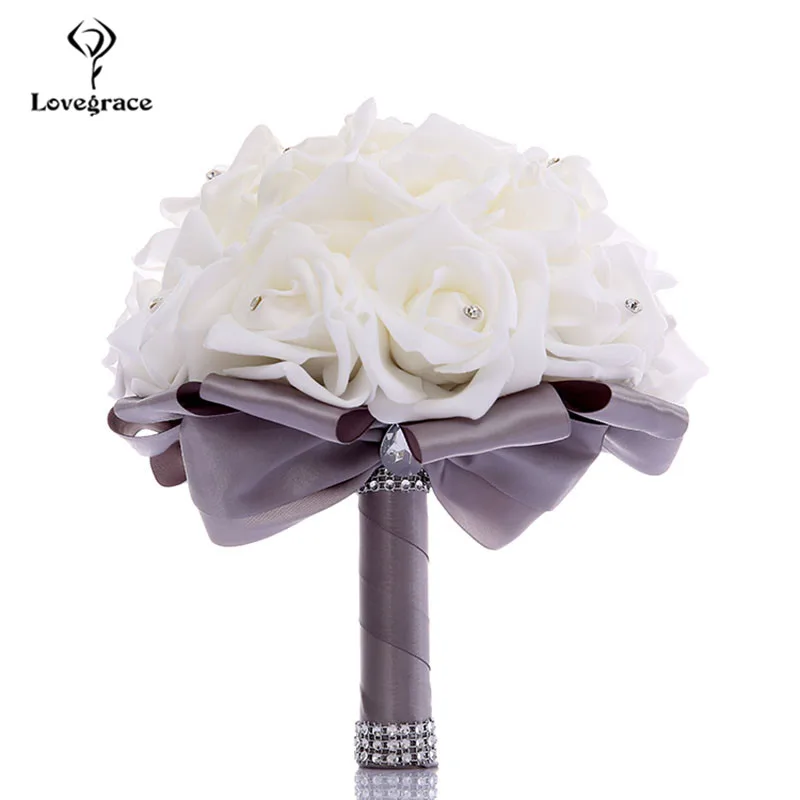 

Lovegrace White Foam Roses Wedding Bridal Bridesmaids Bouquets Flowers Silk Rhinestone Mariage Home Floral Decor Wedding Bouquet