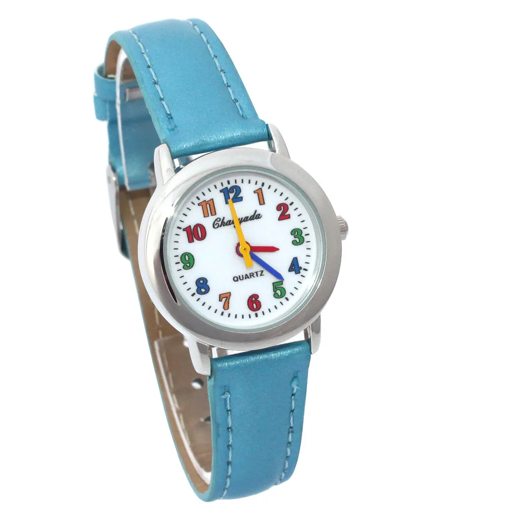 Модные круглые часы для детей, для мальчиков и девочек, черные кожаные кварцевые наручные часы для студентов, детские часы для репетиторов U13, часы для мальчиков и девочек - Цвет: Colorful Dial Blue