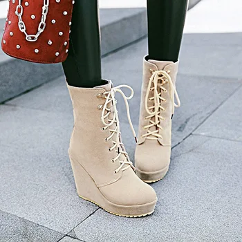 

European casual style round head nubuck ankle boots fashion lace-up belt buckle platform high heel wedge women motorcycle boots