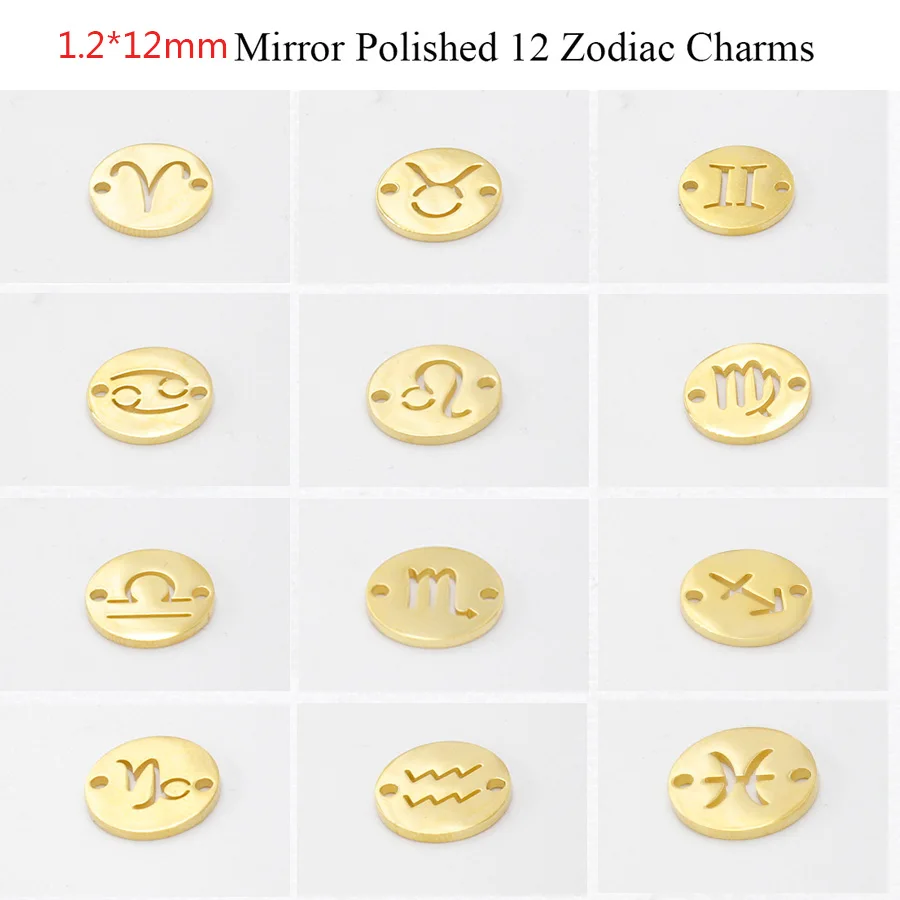 

Fnixtar 12mm Gold Mirror Polished Stainless Steel Zodiac Signs Charm With 1.5 mm Two Hole Constellations Connector 12pcs/lot