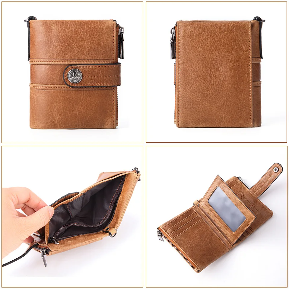 GENODERN Double Zipper Men Wallet of Hasp Design Genuine Leather Short Wallet for Men with Coin Pocket New Male Purse