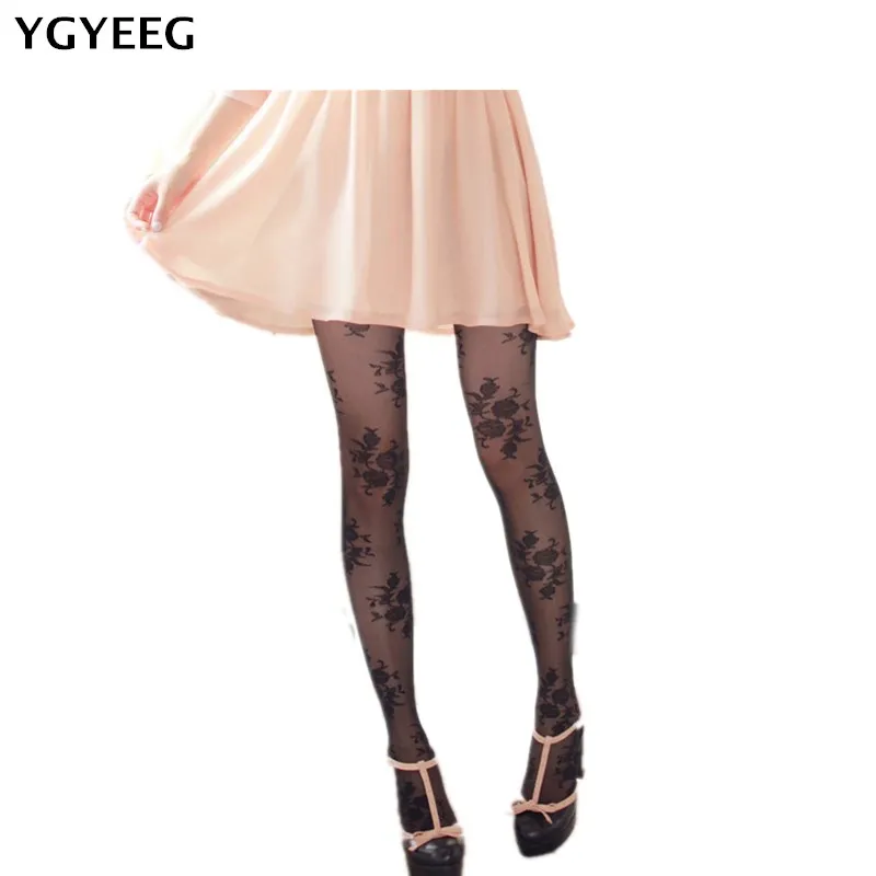 YGYEEG 2019 Women Tights Black Pantyhoses Sexy Stockings Rose Flowers