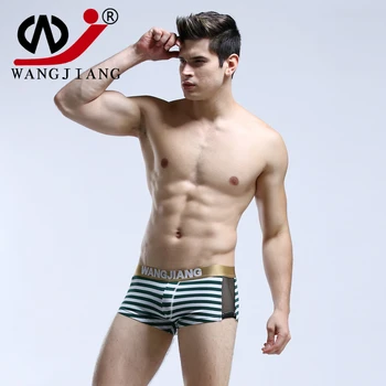 

New WJmen's boxer underwear low-waist sexy u 100% cotton transparent stripe boxer mesh plus size boxer 10 color