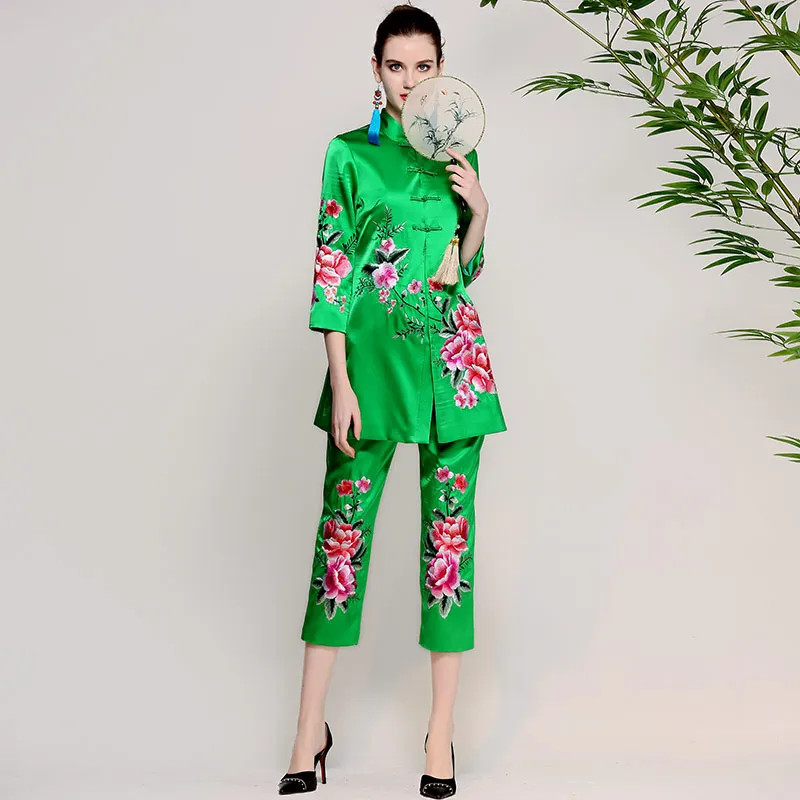 НОВЫЕ комплекты штанов, женский костюм, весна-лето, Женские винтажные длинные пальто с цветочной вышивкой и пуговицами, куртка+ узкие брюки-Капри - Цвет: green