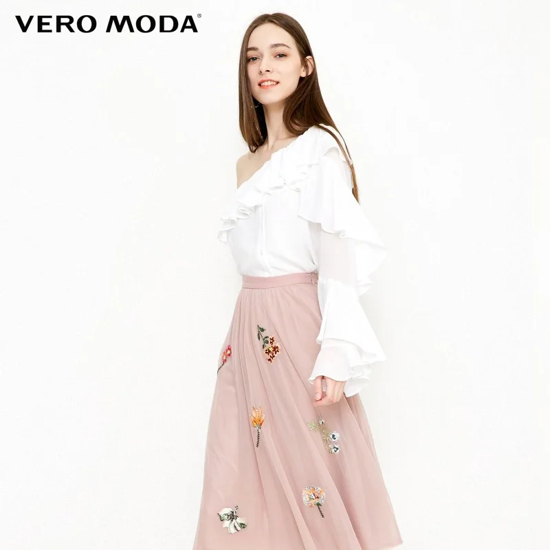 Vero Moda 2019 Весна Лето Новые диагональные вырез Гофрированные Рукава шифоновая
