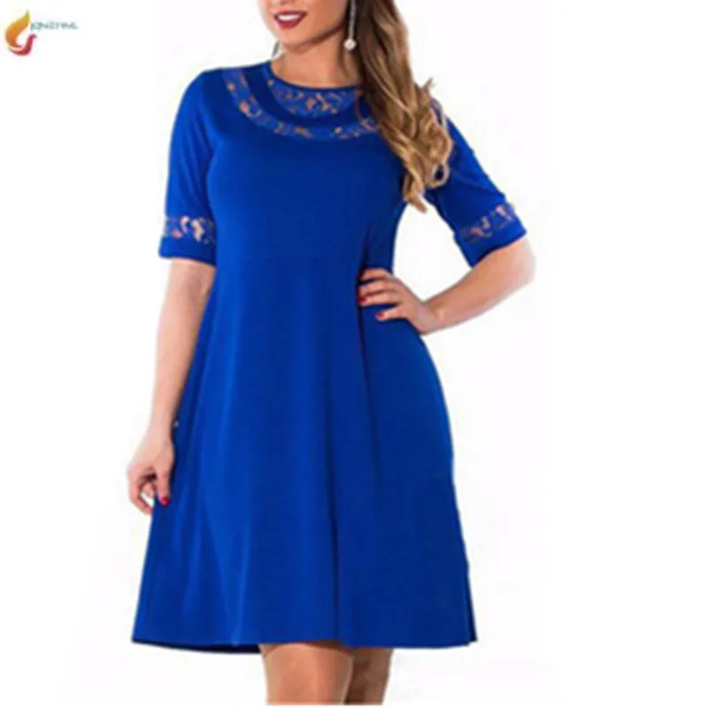 

New Spring and Summer Dress Round Neck Medium sleeve Lace Stitching Dress Sexy Loose Large Size Fat MM Women's Dresses G1005