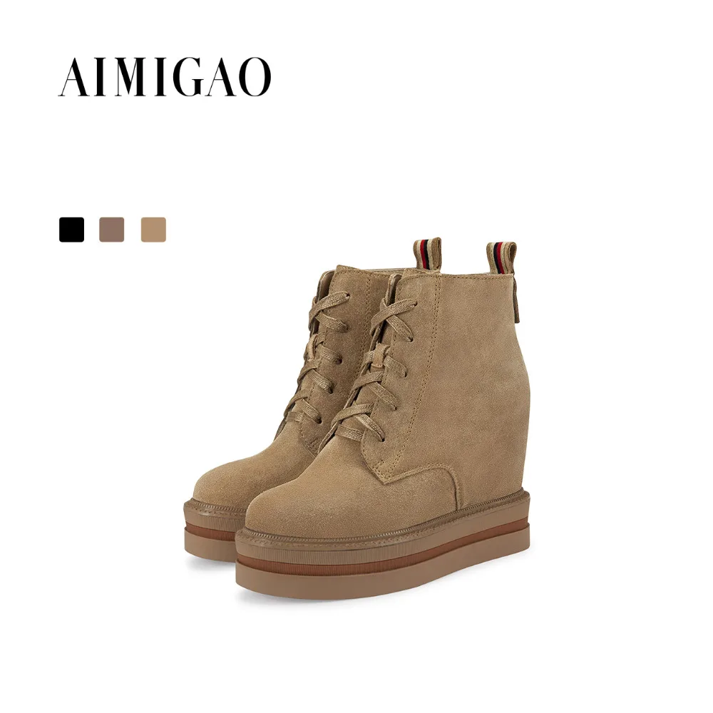 

AIMIGAO Fashion Lace-up ankle boots Brown 2017 winter new cow suede round toe height increased platform ankle boots side zipper