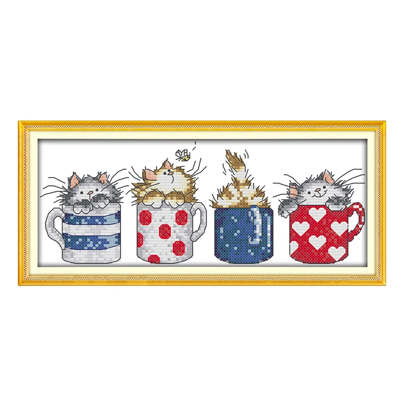 

Joy Sunday cross stitch kits diy Cats hide in cups DMC14CT11CT cotton fabric baby room kid toy dininghall painting factorysale
